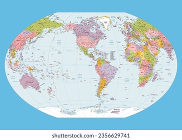 Political world map America centered Winkel-Tripel projection