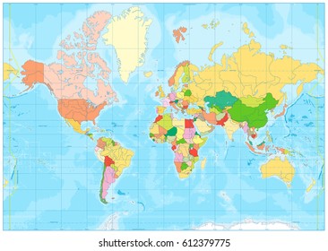 Political World Map And Bathymetry. No Text. Vector Illustration.