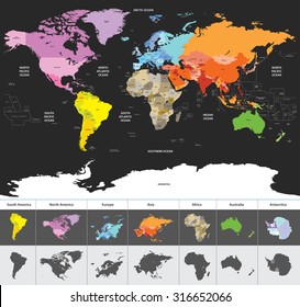 political world map of the world colored by continents