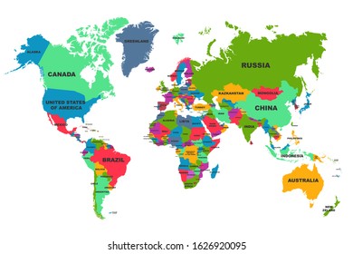 Political World Map, colourful world countries and country names, continents of the planet - stock vector