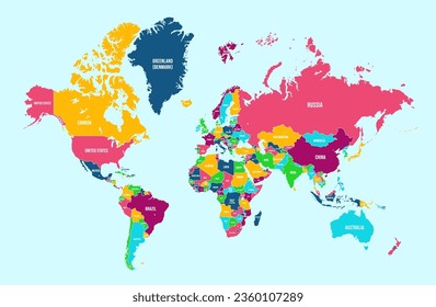 Politische Weltkarte. Detaillierte Kontinente, Ländergrenzen und Namenatlas für globale Reisen, statistische oder Infografik-Design, Vektorgrafik. Farbige Karte mit nationalen Grenzen