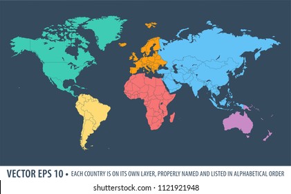 Political world map of the Earth with each continet highlighted by a different color.