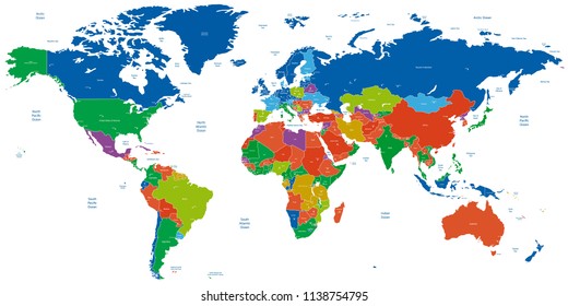 Political World Map with flat icons and globes.Highly detailed political World Map with flat icons and globes.All elements are separated in editable layer
