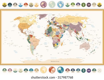 Political World Map With Flat Icons And Globes.Vintage Colors.All Elements Are Separated In Editable Layers Clearly Labeled.