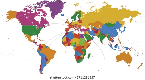 Mapa del mundo político: Red global centralizada en Europa con Colores de Country en contraste