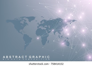 Political World Map with global technology networking concept. Digital data visualization. Lines plexus. Big Data background communication. Scientific vector illustration.