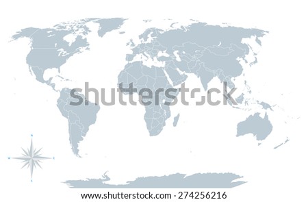 Political world map, grey, with white borders. Every state and continent labeled and selectable. Versatile file, turn on an off visibility and color of each country in one click.