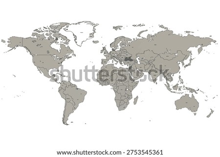 A political world map illustration is presented on a clean white background. The map displays all continents and countries with their respective borders clearly delineated. Country names are visible within each territory. The overall color scheme is muted gray for landmasses and white for the oceans and background, providing a clear and organized view of global geography.