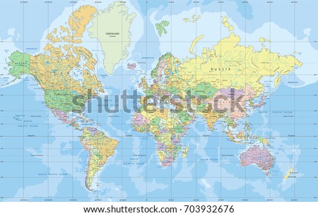 Political World map in Mercator projection.