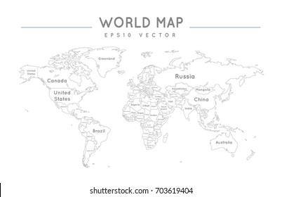 Political world map with the name and borders of the countries