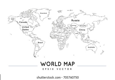 world map with country names black and white