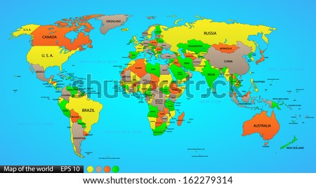 Political world map on ocean blue background, with every state labeled and selectable (labeled in Layers panel also). Versatile file, turn on an off visibility and color of each country in one click.