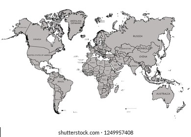 Political world map on white background, with every state labeled and selectable. Versatile file, turn on an off visibility 
of gray