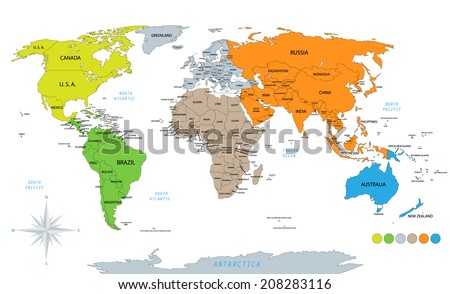 Political world map on white background, with every state labeled and selectable. Colored by continents. Versatile file, turn on an off visibility and color of each country in one click.