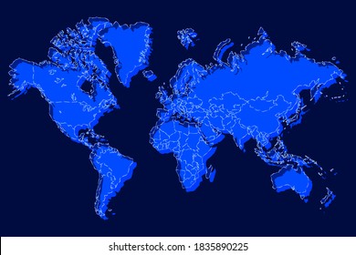 Political world map with shadow isolated on blue background, vector illustration