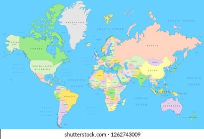 Political world map | Vector detail atlas in Mercator projection