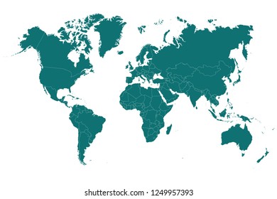 Political World Map vector green illustration isolated on white background. Editable layers clearly labeled.