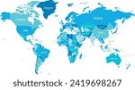 Political World Map vector illustration with different tones of blue for each country. Editable and clearly labeled layers.