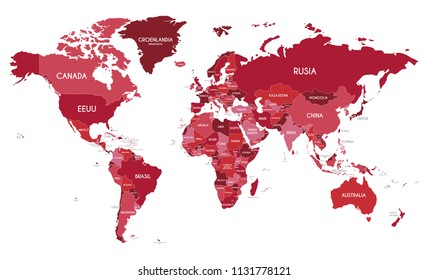 Political World Map vector illustration with different tones of red for each country and country names in spanish. Editable and clearly labeled layers.