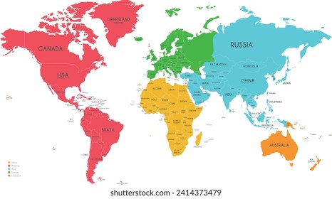 Political World Map vector illustration with different colors for each continent and isolated on white background. Editable and clearly labeled layers.