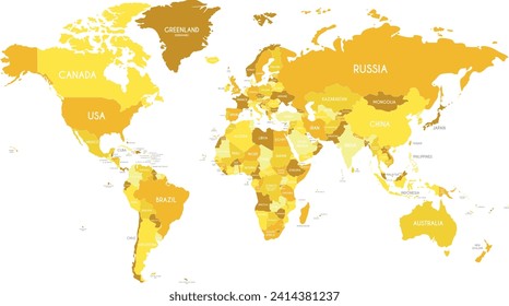 Political World Map vector illustration with different tones of yellow for each country. Editable and clearly labeled layers.