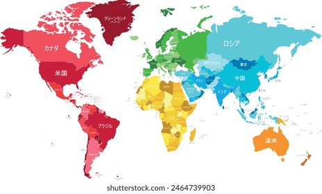 Political World Map vector illustration with different colors for each continent and different tones for each country, and country names in japanese. Editable and clearly labeled layers.