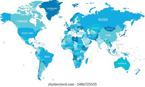 Political World Map vector illustration with different tones of blue for each country and country names in french. Editable and clearly labeled layers.