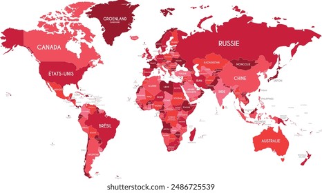 Political World Map vector illustration with different tones of red for each country and country names in french. Editable and clearly labeled layers.