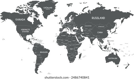 Political World Map vector illustration isolated on white background with country names in german. Editable and clearly labeled layers.