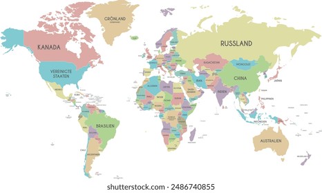 Politische Weltkarte Vektorillustration isoliert auf weißem Hintergrund mit Ländernamen auf Deutsch. Editierbare und klar beschriftete Ebenen.