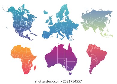 Political World Map vector illustration with Asia, Europe, Africa, Antarctica, North America, South America and Australia isolated on white background.