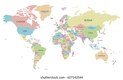 Political World Map vector illustration isolated on white background. Editable layers clearly labeled.