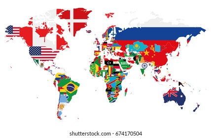 Political World Map vector illustration with the flags of all countries. Editable and clearly labeled layers.