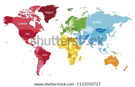Political World Map vector illustration with different colors for each continent and different tones for each country. Editable and clearly labeled layers.