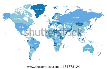 Political World Map vector illustration with different tones of blue for each country and country names in spanish. Editable and clearly labeled layers.