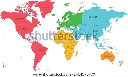 Political World Map vector illustration with different colors for each continent and isolated on white background. Editable and clearly labeled layers.