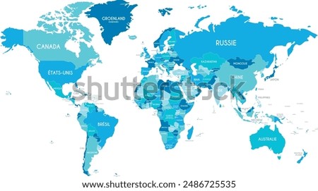 Political World Map vector illustration with different tones of blue for each country and country names in french. Editable and clearly labeled layers.