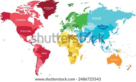 Political World Map vector illustration with different colors for each continent and different tones for each country, and country names in french. Editable and clearly labeled layers.