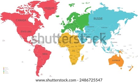 Political World Map vector illustration with different colors for each continent and isolated on white background  with country names in french. Editable and clearly labeled layers.