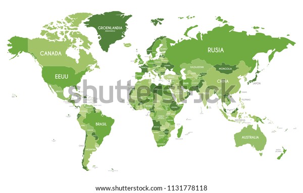 国ごとに緑色のトーンとスペイン語の国名が異なる 政治的な世界地図のベクターイラスト 編集可能で明確にラベル付けされた画層 のベクター画像素材 ロイヤリティフリー
