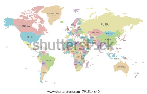 白い背景にスペイン語の国名を持つ 政治的な世界地図のベクターイラスト 編集可能で明確にラベル付けされた画層 のベクター画像素材 ロイヤリティフリー