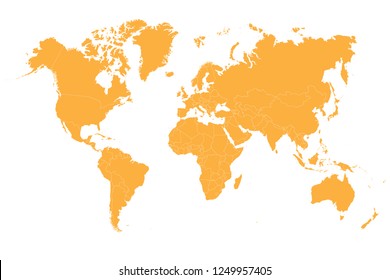 Political World Map vector yellow illustration isolated on white background. Editable layers clearly labeled.