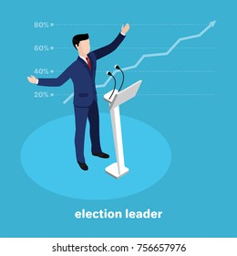 politically the leader at the rostrum, the leading candidate in the election on a blue background