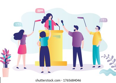 Politician answers reporters questions. Businesswoman at tribune with microphones. Business presentation or conference. Female speaker and group of reporters with mics. Press conference. Flat Vector