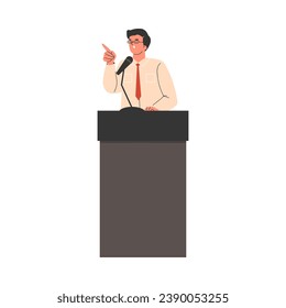 El político o entrenador de negocios habla con discurso motivacional. Predicador o figura pública durante el discurso o debate, ilustración vectorial plana aislada en fondo blanco.