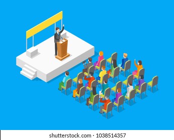 Politician Business Concept 3d Isometric View Businessman Speaking at Tribune Speaker or Leader Presentation on a Blue. Vector illustration