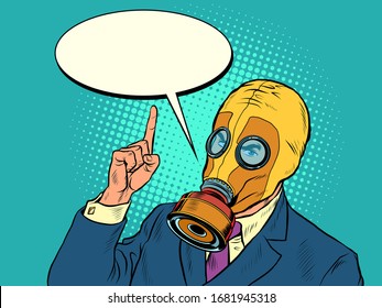 Politician businessman in a gas mask, protective mask epidemic quarantine. Pop art retro vector illustration kitsch vintage 50s 60s style