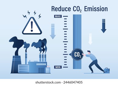 Político o empresario utiliza control deslizante en el panel de control, voluntario reduce las emisiones de carbono. Cero emisiones. Los problemas ecológicos se están acumulando. Energía, industria y transporte de bajo rendimiento.