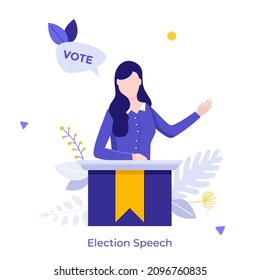 Politician or candidate speaking or giving lecture at lectern. Concept of presidential election speech, public speaker or orator calling to vote. Modern flat vector illustration for banner, poster.