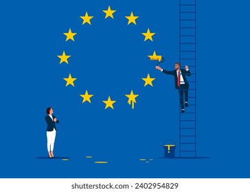 Politician climb up ladder to paint of flag European Union. European Union happiness. Vector illustration